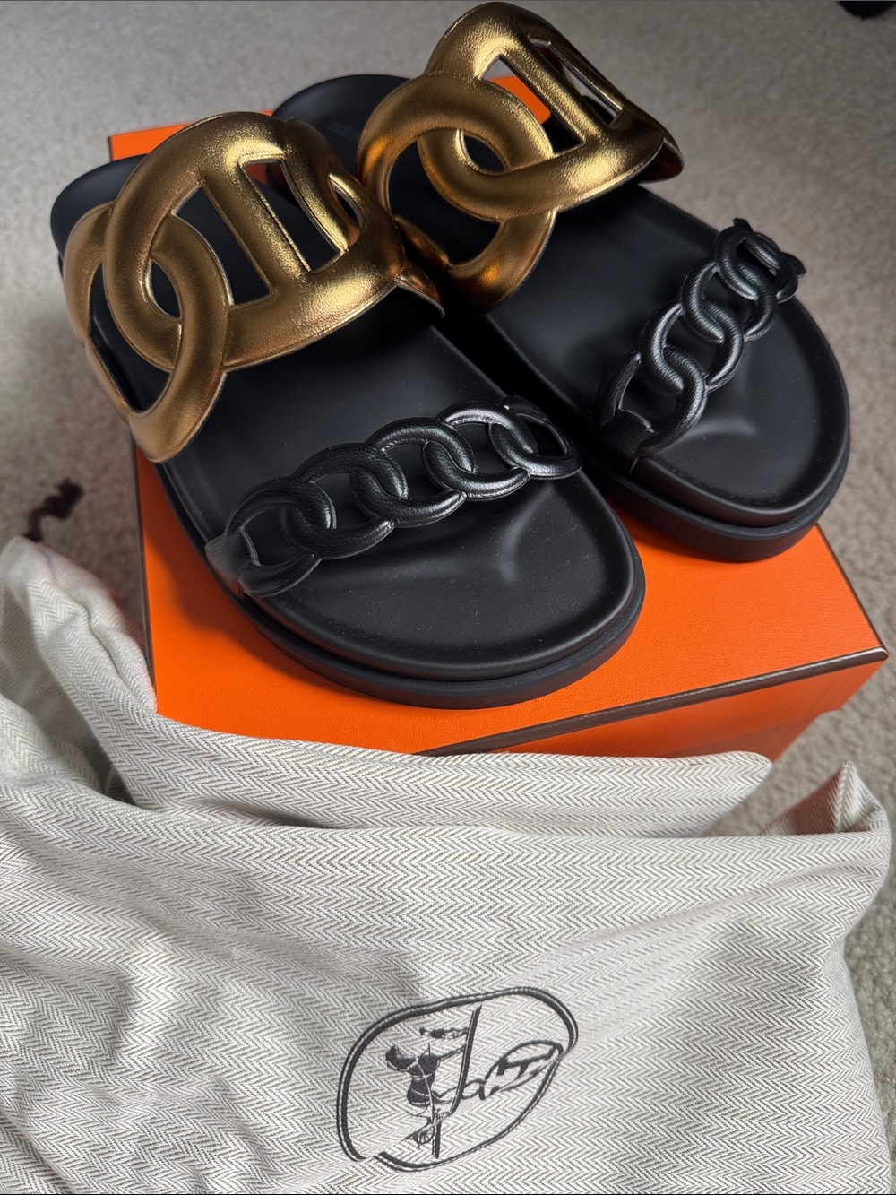 Hermes Extra Sandals in Black and Gold Leather Size EU 38